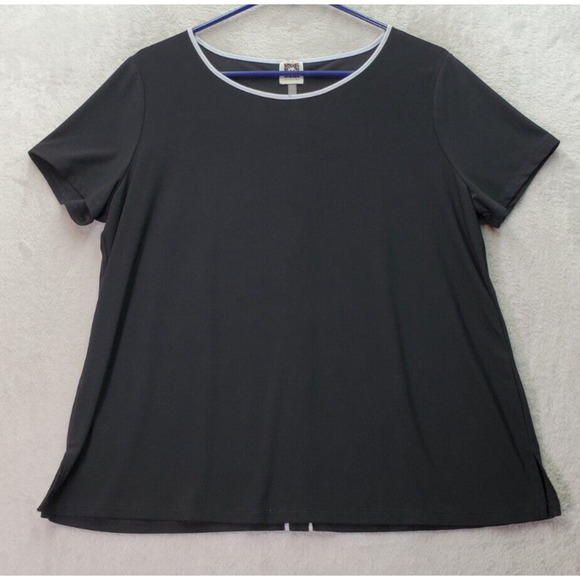 Anne Klein Blouse Top Women Size Large Black Short Sleeve Round Neck Back Button - Picture 1 of 6
